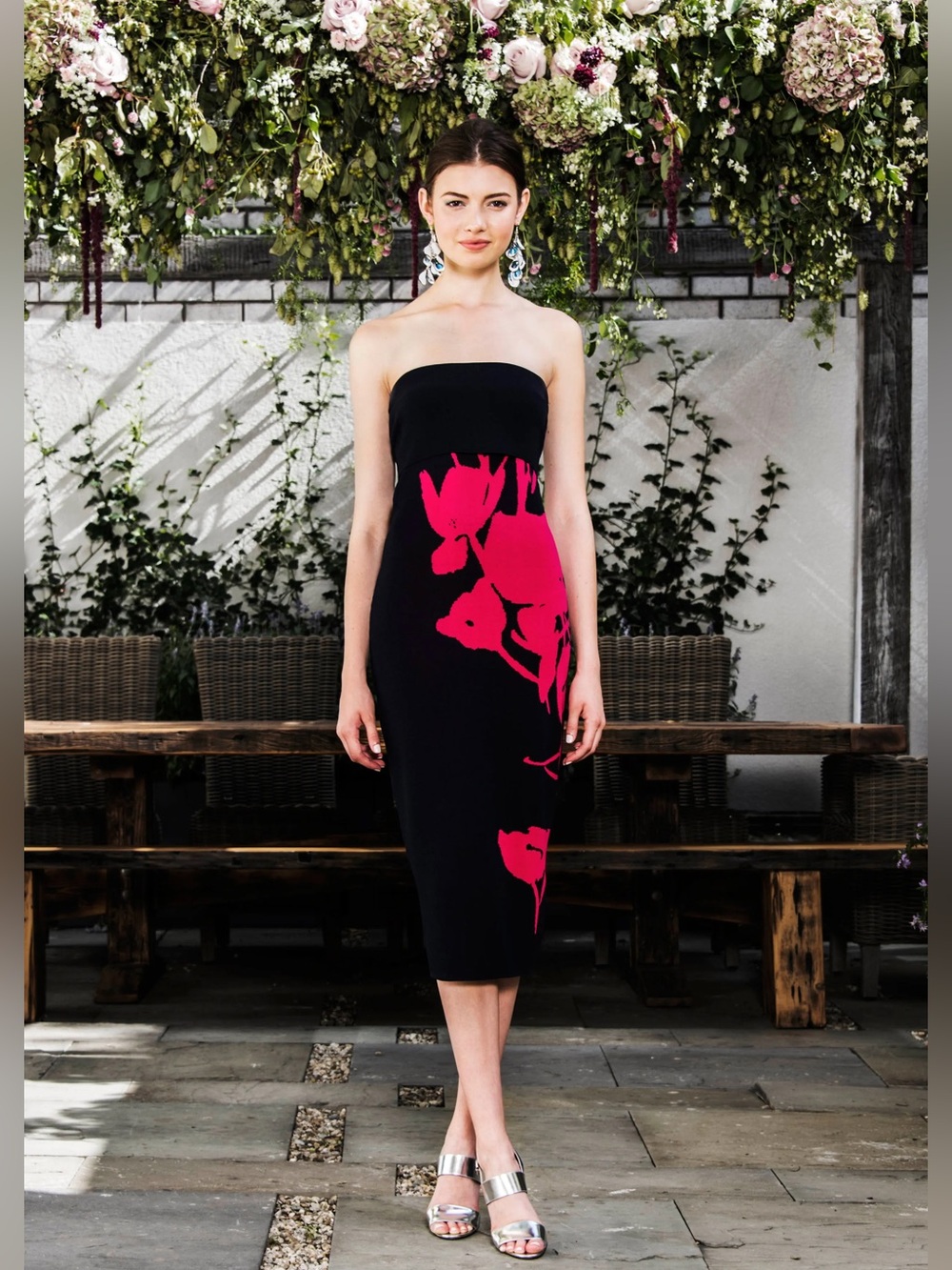 Sachin + Babi Strapless Knit Midi Dress Size XS Navy Blue Pink Floral Cocktail